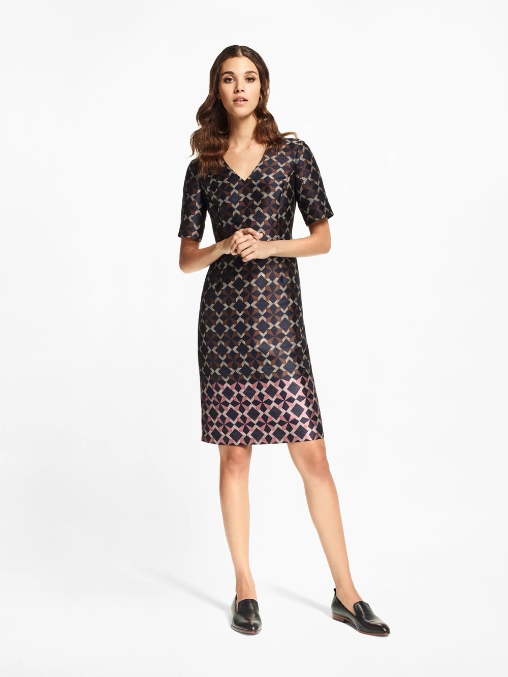Brooks Geometric V-Neck Midi Dress in Black and Pink